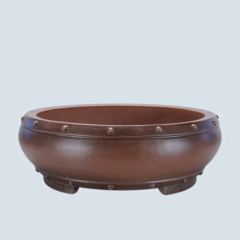 16.5 inch (42cm) Large Round Unglazed Drum Bonsai Pot w Raised Rivet Accents