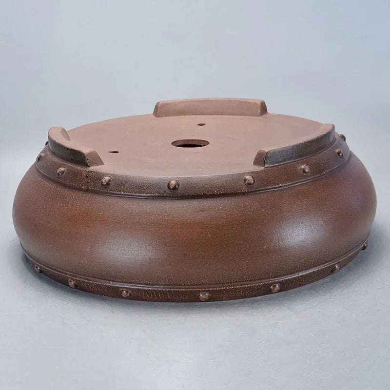 16.5 inch (42cm) Large Round Unglazed Drum Bonsai Pot w Raised Rivet Accents Bottom Side View