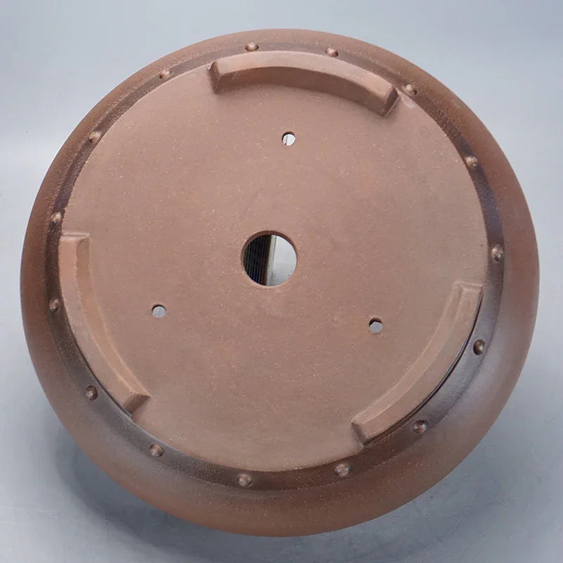 16.5 inch (42cm) Large Round Unglazed Drum Bonsai Pot w Raised Rivet Accents Bottom View