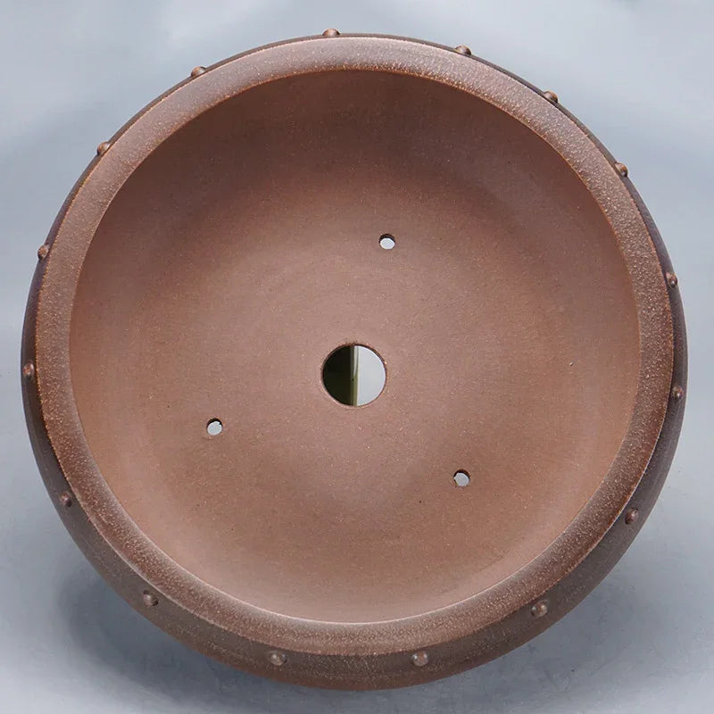 16.5 inch (42cm) Large Round Unglazed Drum Bonsai Pot w Raised Rivet Accents Inner View