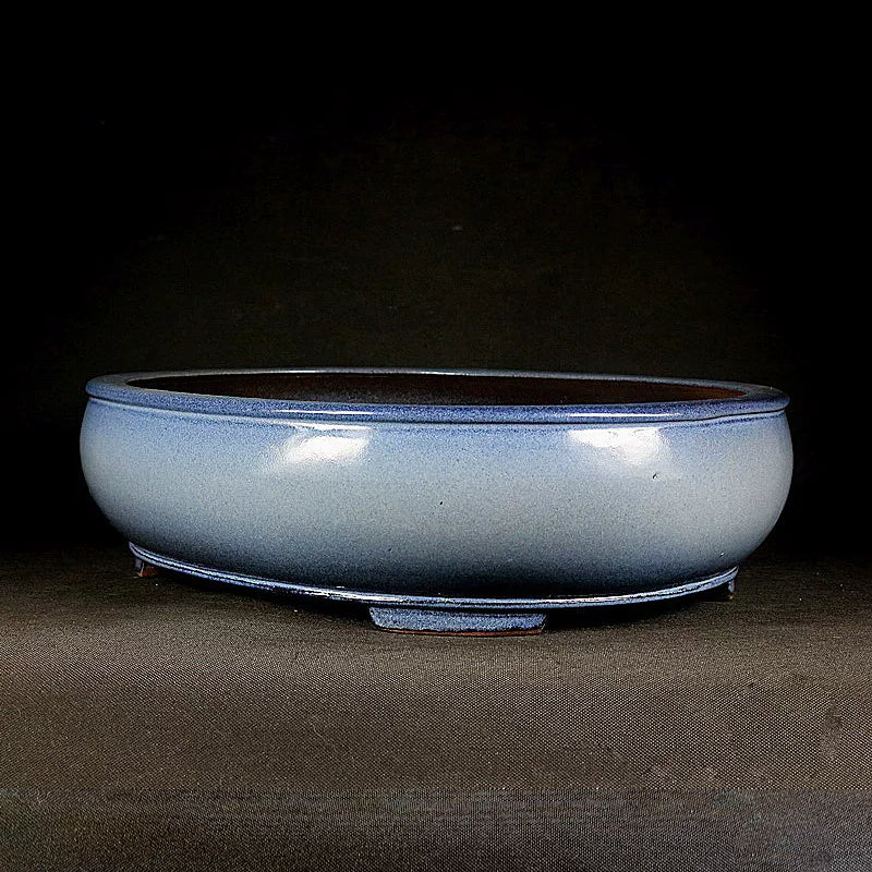16.5 inch (42cm) Large Traditional Oval Blue Multi-Tone Glaze Bonsai Pot Corner View