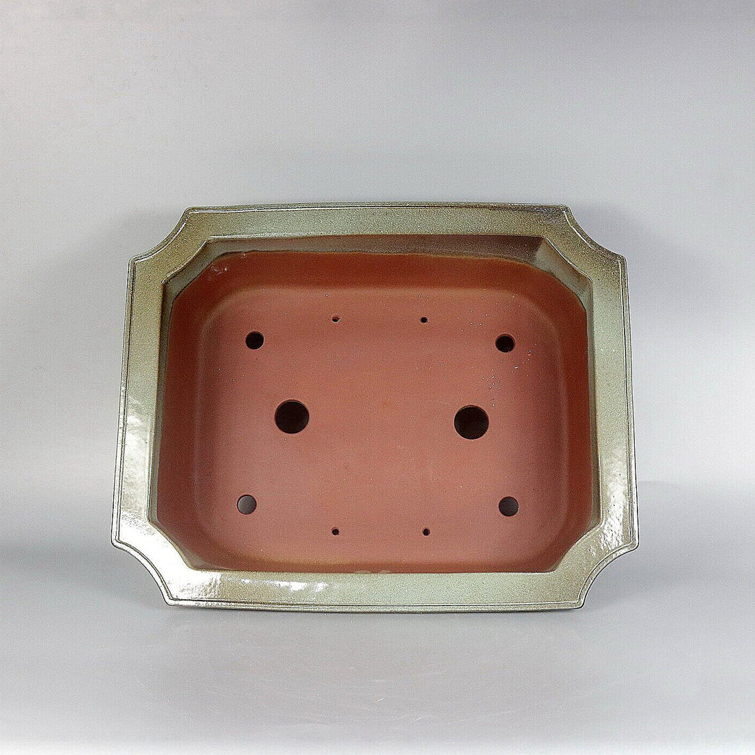 16.7" (42.5cm) Large Flared Corner-Cut Rectangular Green Glazed Dual-Tone Bonsai Pot Inner View