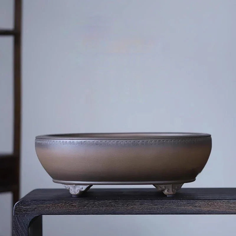 16.7" (42.5cm) Large Oval Yixing Clay Bonsai Pot w Geometric Rim