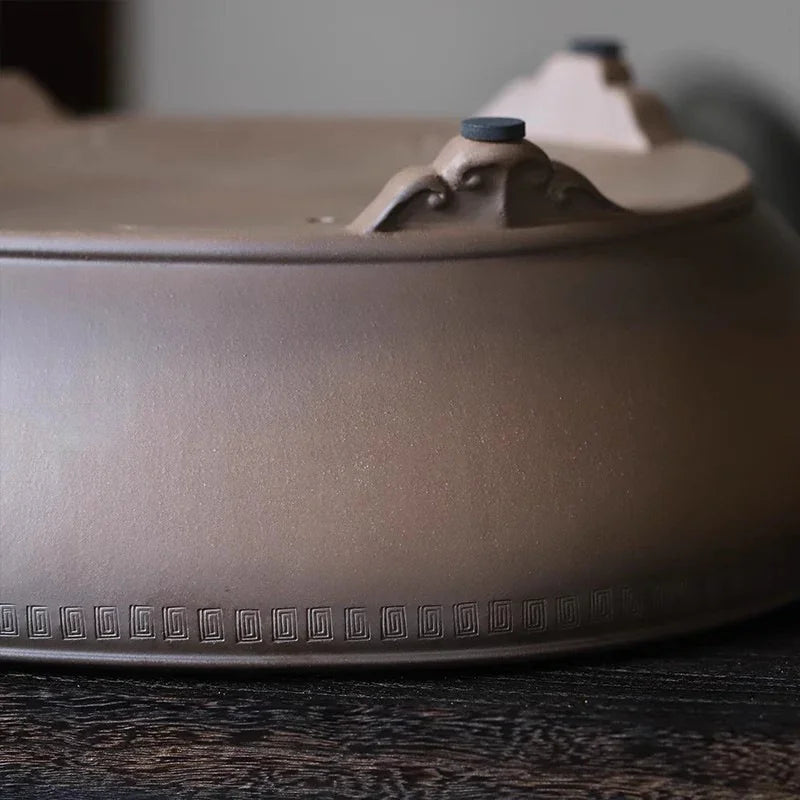 16.7" (42.5cm) Large Oval Yixing Clay Bonsai Pot w Geometric Rim Bottom View Close Shot
