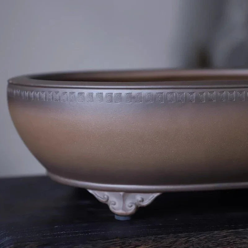 16.7" (42.5cm) Large Oval Yixing Clay Bonsai Pot w Geometric Rim Close Shot