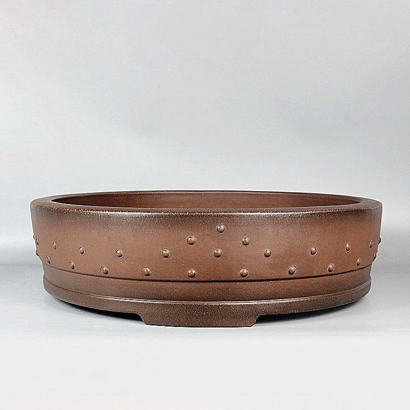 16.7 inch (42.5cm) Large Classic Round Brown Unglazed Studded Drum Bonsai Pot Corner View