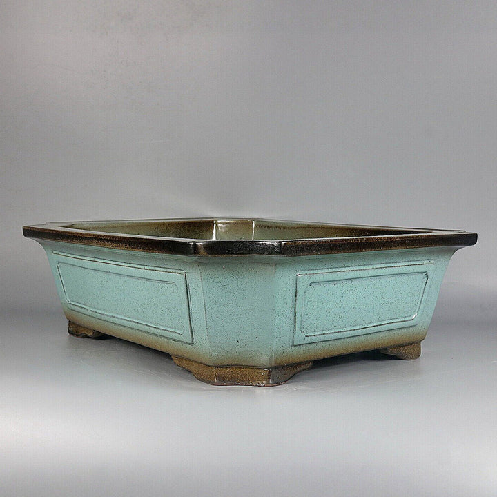 16.7 inch (42.5cm) Large Flared Corner-Cut Rectangular Green Glazed Dual-Tone Bonsai Pot Corner View