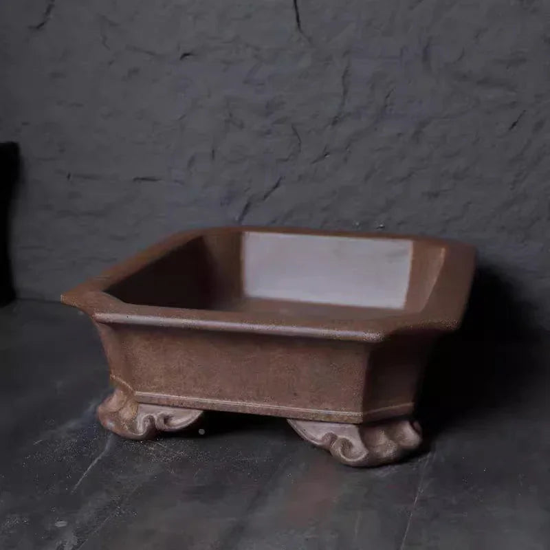 16.7 inch (42.5cm) Large Premium Rectangle Bonsai Pot w Ornate Cloud Feet Side View