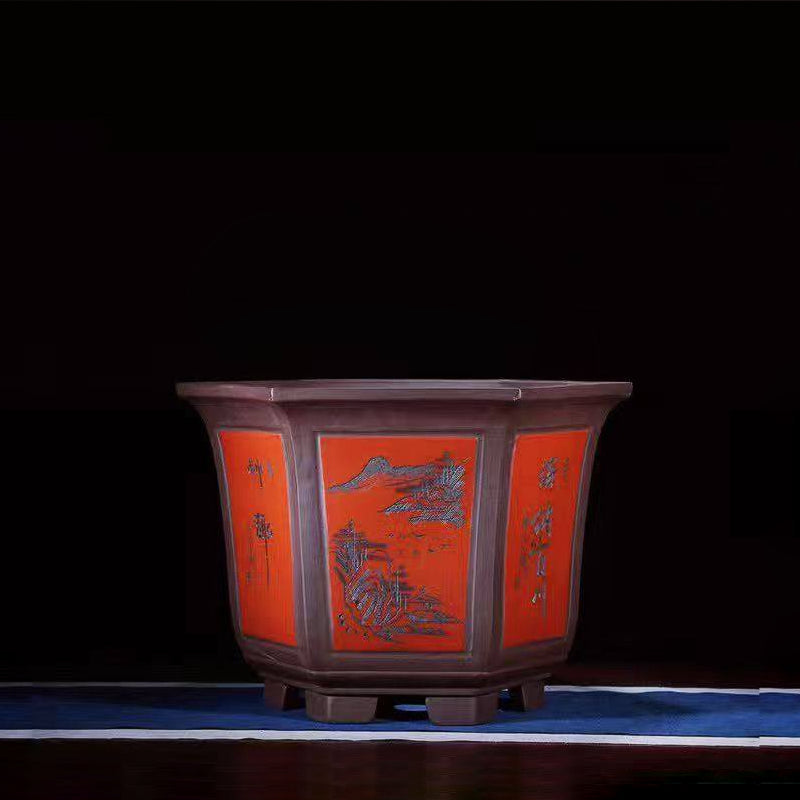 16.9" (43cm) Large 12.2" (31cm) Deep Hexagonal Large Semi Cascade Bonsai Pot Red Color