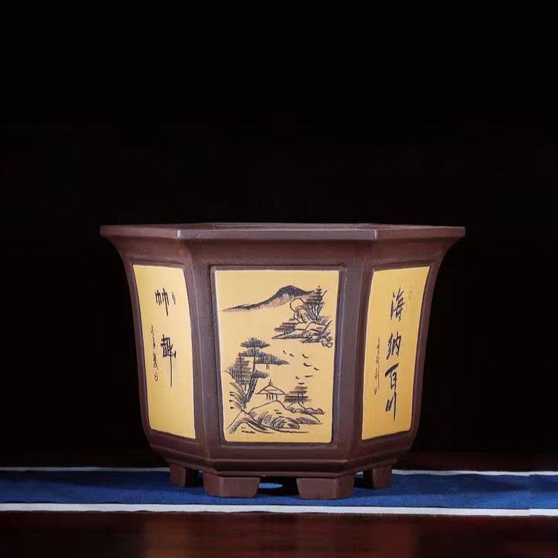 16.9" (43cm) Large 12.2" (31cm) Deep Hexagonal Large Semi Cascade Bonsai Pot Yellow Color