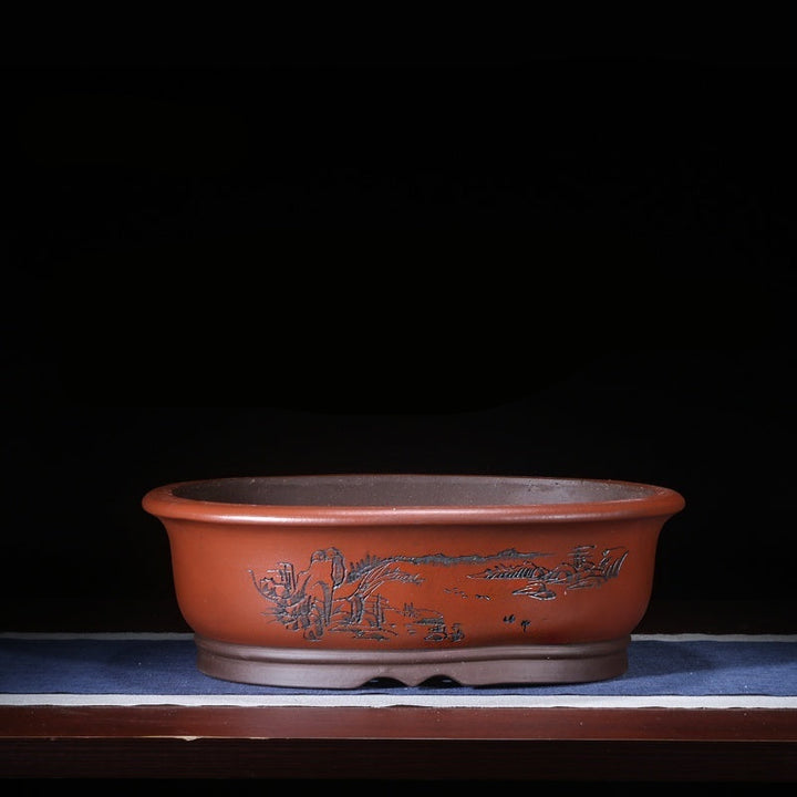 16.9 inch (43cm) Large Oval Unglazed Bonsai Pots w Landscape Art Red Color