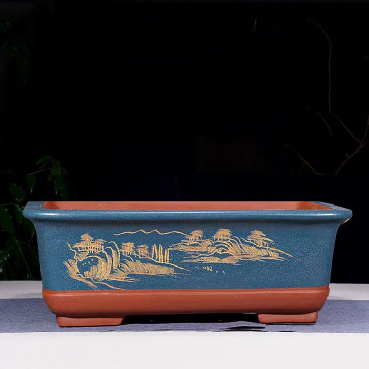 16.9" (43cm) Large Rectangular Blue Handmade Deep Bonsai Pot w Plastic Tray