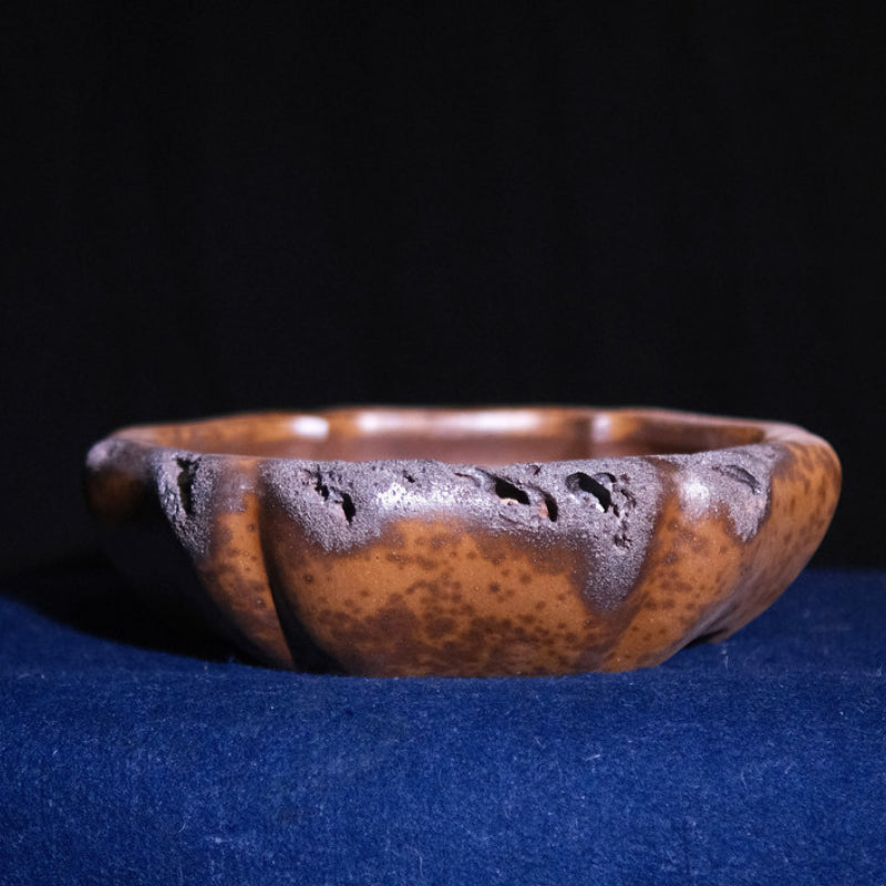 16.9 inch (43cm) Large Lotus-Form Unglazed Bonsai Pot with Eroded Stone-Like Texture