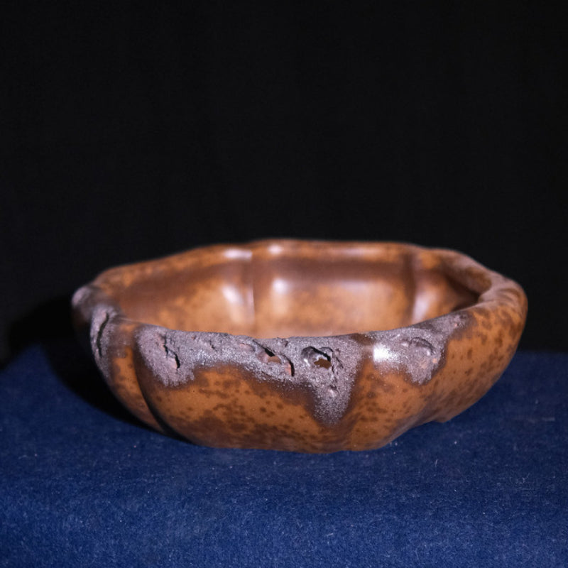 16.9 inch (43cm) Large Lotus-Form Unglazed Bonsai Pot with Eroded Stone-Like Texture Top View