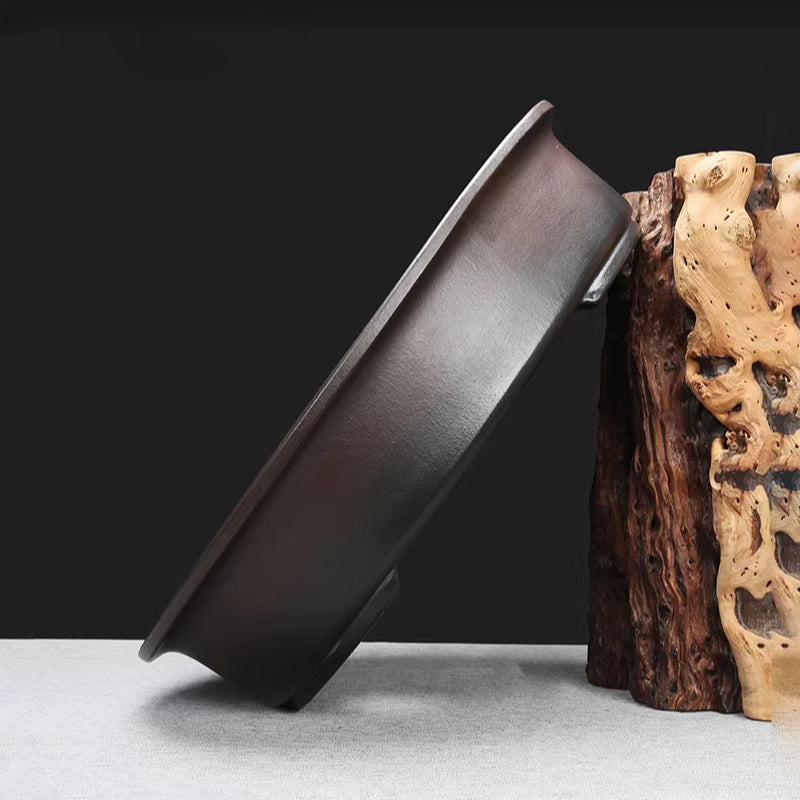 16.9 inch (43cm) Large Oval Brown-Black Gradient Antique Style Unglazed Bonsai Pot Side View