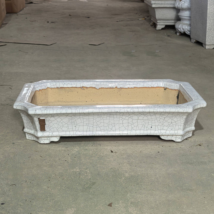 16.9 inch (43cm) Large Rectangular Corner-Cut White Crackle Glaze Shallow Bonsai Pot