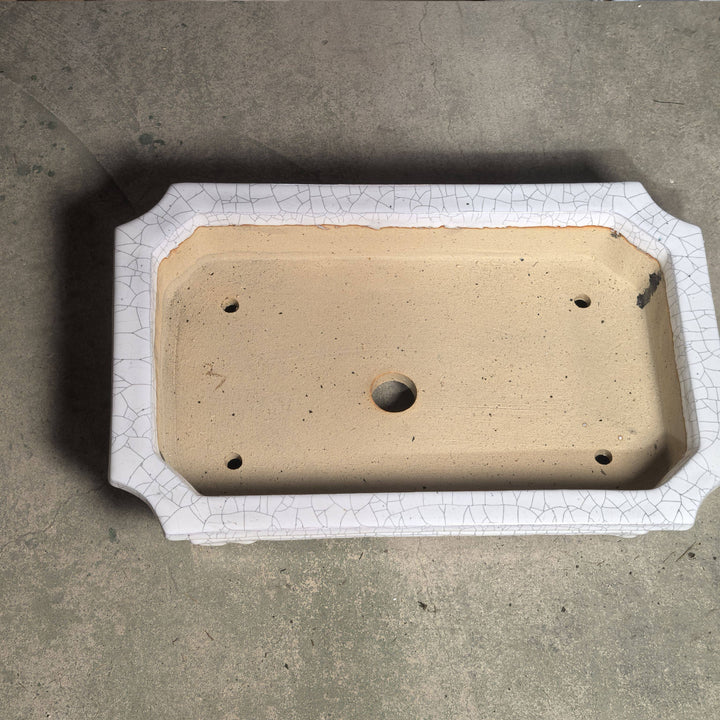 16.9 inch (43cm) Large Rectangular Corner-Cut White Crackle Glaze Shallow Bonsai Pot Inner View