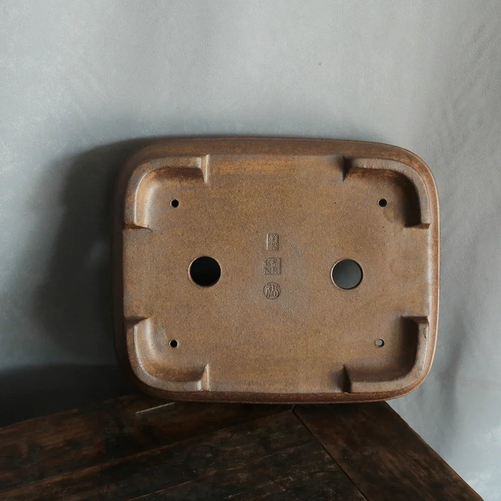 16.9 inch (43cm) Large Rectangular Firewood Fired Speckled Finish Bonsai Pot Bottom View
