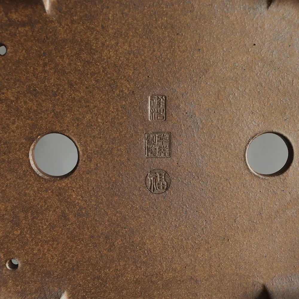 16.9 inch (43cm) Large Rectangular Firewood Fired Speckled Finish Bonsai Pot Bottom View Close Shot