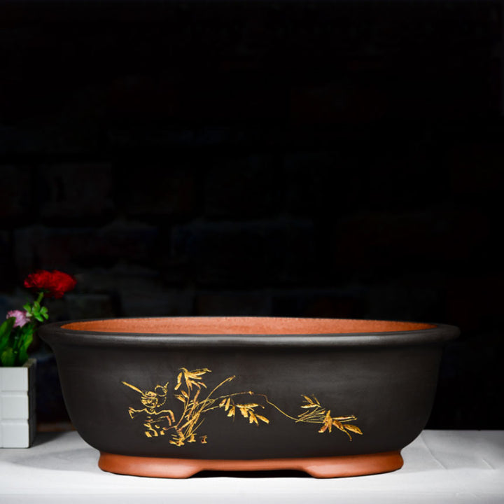 17.1" (43.5cm) Large Oval Classic Bonsai Pots w Chinese Calligraphy Black Color