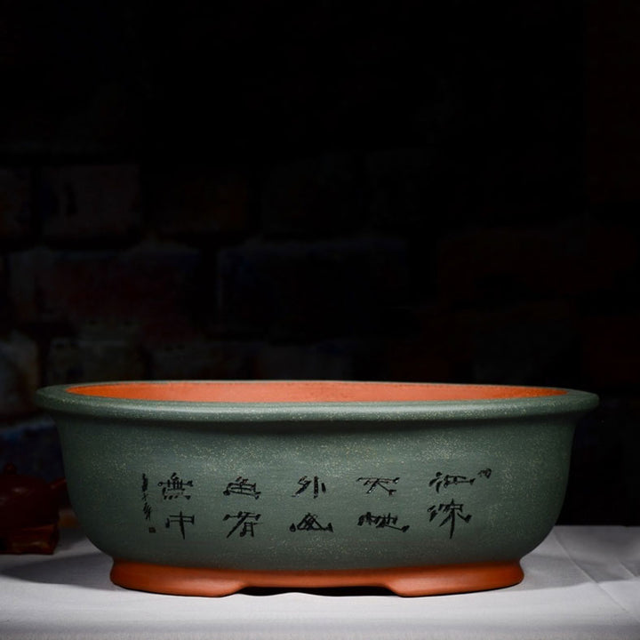 17.1" (43.5cm) Large Oval Classic Bonsai Pots w Chinese Calligraphy Blue Color