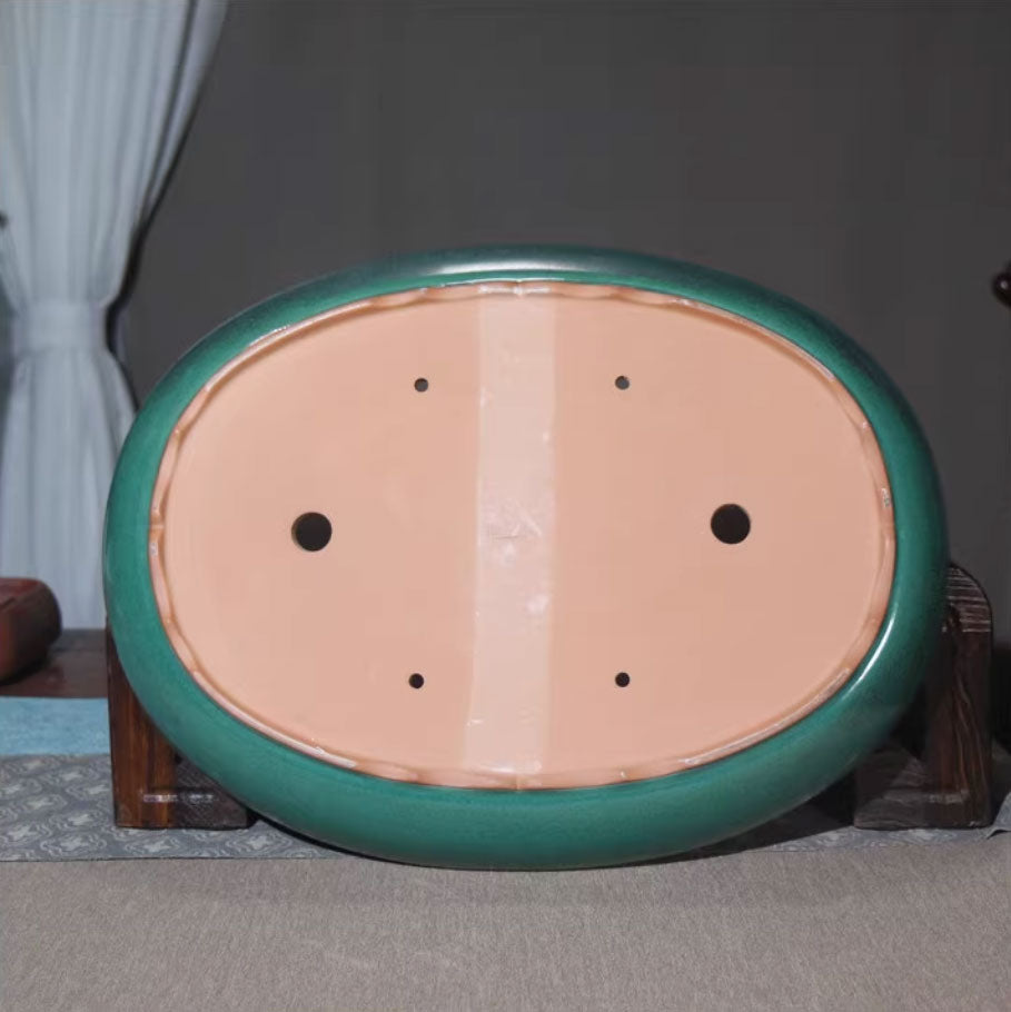 17.3" (44cm) Large Glazed Oval Classic Green Bonsai Forest Pot Bottom View