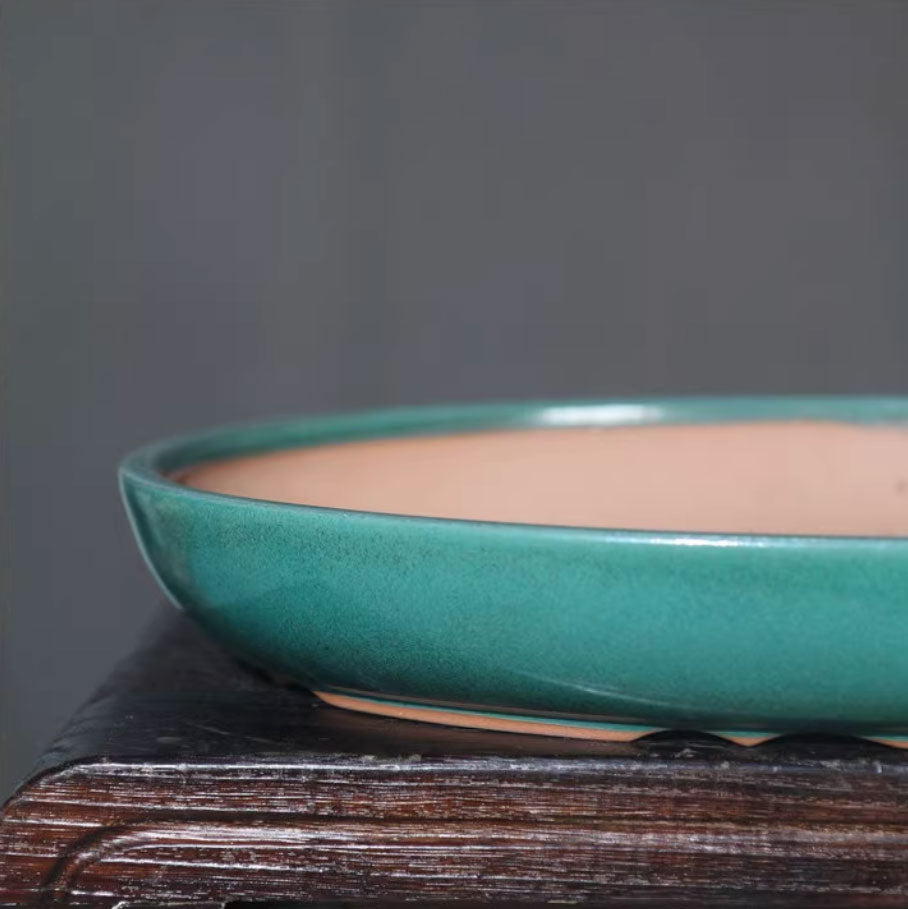 17.3" (44cm) Large Glazed Oval Classic Green Bonsai Forest Pot Close Shot
