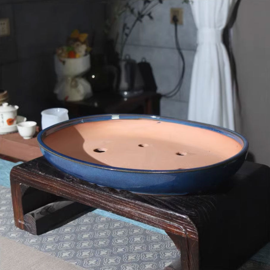 17.3" (44cm) Large Glazed Oval Traditional Handmade Bonsai Forest Pot Top View