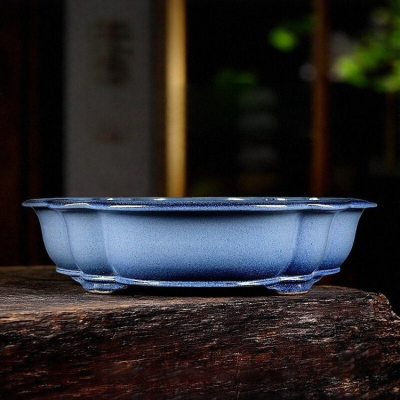 17.3 Inch (44cm) Large Lotus-Shaped Handmade Blue-Glazed Bonsai Pot