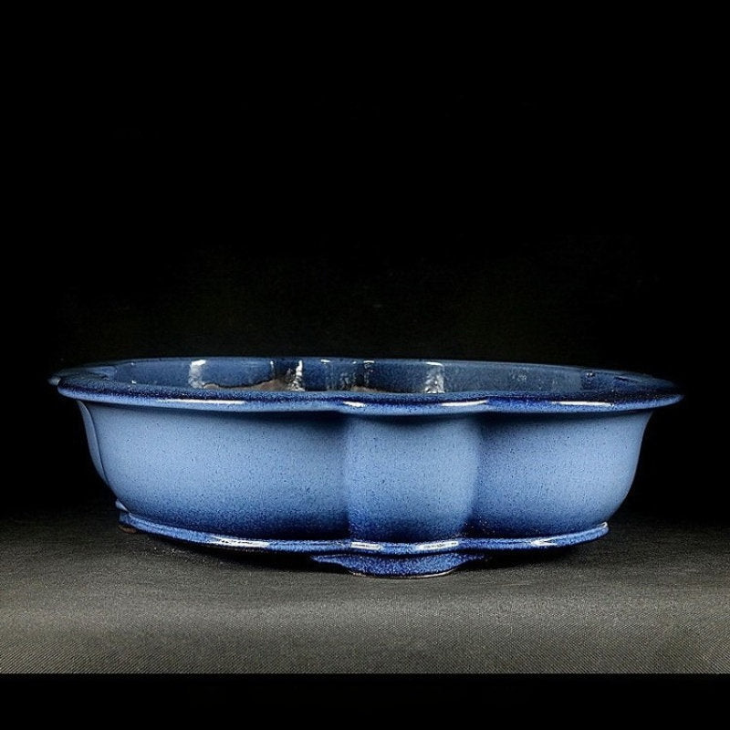 17.3 Inch (44cm) Large Lotus-Shaped Handmade Blue-Glazed Bonsai Pot Corner View