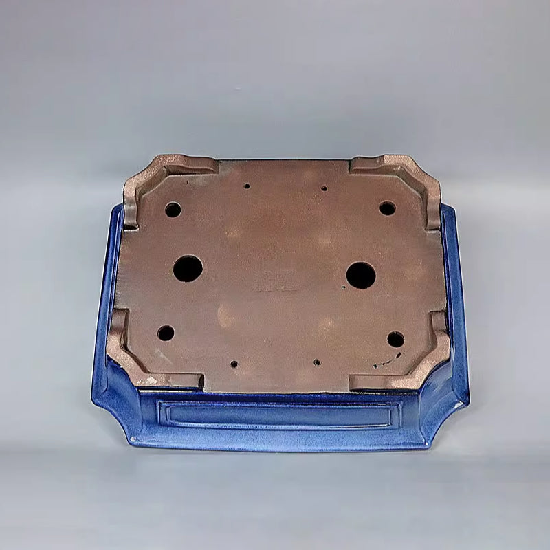 17.3 inch (44cm) Large Corner-Cut Rectangle Dual Tone Blue Glaze Bonsai Pot Bottom View
