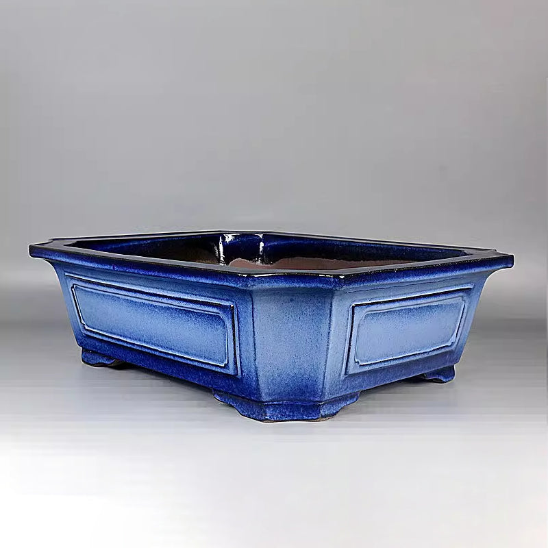 17.3 inch (44cm) Large Corner-Cut Rectangle Dual Tone Blue Glaze Bonsai Pot Corner View