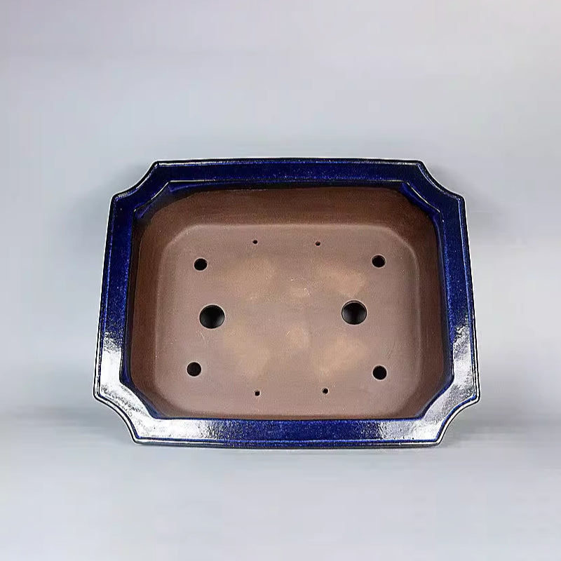 17.3 inch (44cm) Large Corner-Cut Rectangle Dual Tone Blue Glaze Bonsai Pot Inner View