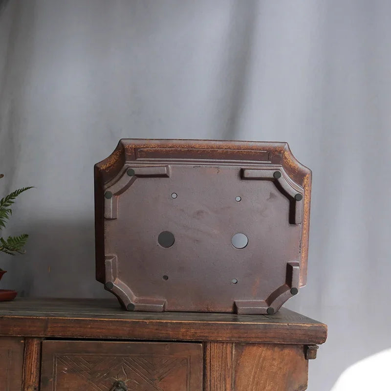 17.3 inch (44cm) Large Fire-Burned Rectangle Rustic Speckled Finish Bonsai Pot Bottom View