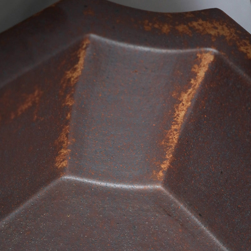17.3 inch (44cm) Large Fire-Burned Rectangle Rustic Speckled Finish Bonsai Pot Corner Rim Close Shot