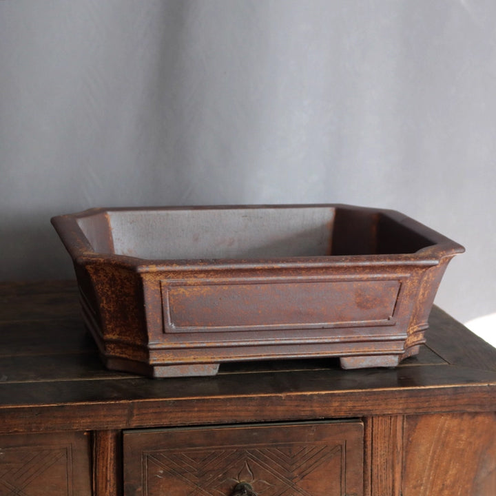 17.3 inch (44cm) Large Fire-Burned Rectangle Rustic Speckled Finish Bonsai Pot Corner View