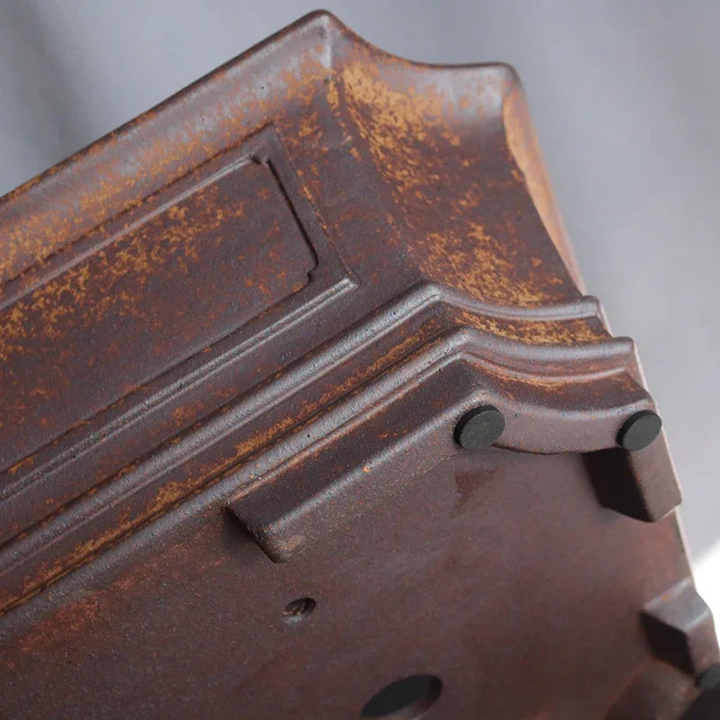 17.3 inch (44cm) Large Fire-Burned Rectangle Rustic Speckled Finish Bonsai Pot Corner View Close Shot