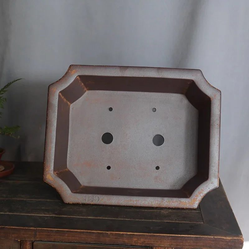 17.3 inch (44cm) Large Fire-Burned Rectangle Rustic Speckled Finish Bonsai Pot Inner View