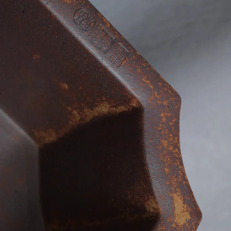 17.3 inch (44cm) Large Fire-Burned Rectangle Rustic Speckled Finish Bonsai Pot Rim Close Shot