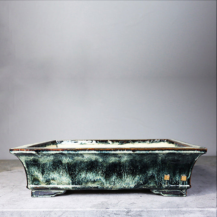 17.3 inch (44cm) Large Flared Rectangular Exclusive Multi-Tone Glazed Bonsai Pots Green Color