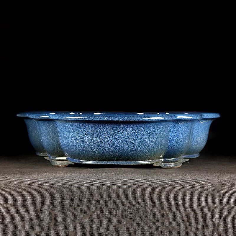 17.3 inch (44cm) Large Lotus-Shaped Blue Glazed Bonsai Pot w Rippled Petal Design