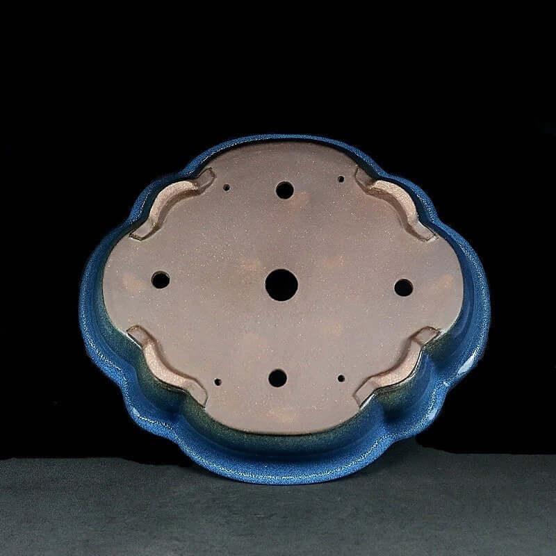 17.3 inch (44cm) Large Lotus-Shaped Blue Glazed Bonsai Pot w Rippled Petal Design Bottom View