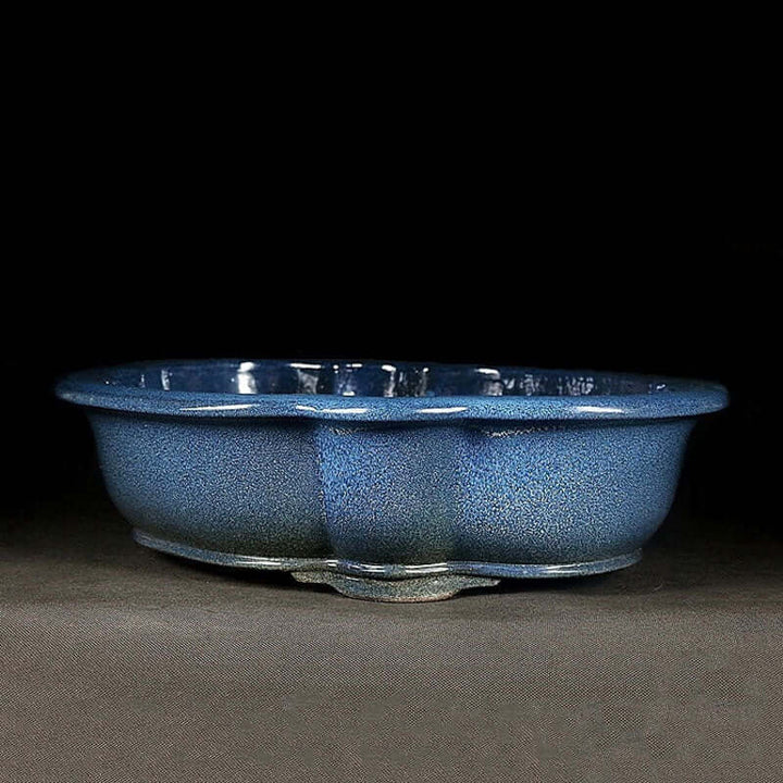 17.3 inch (44cm) Large Lotus-Shaped Blue Glazed Bonsai Pot w Rippled Petal Design Corner View