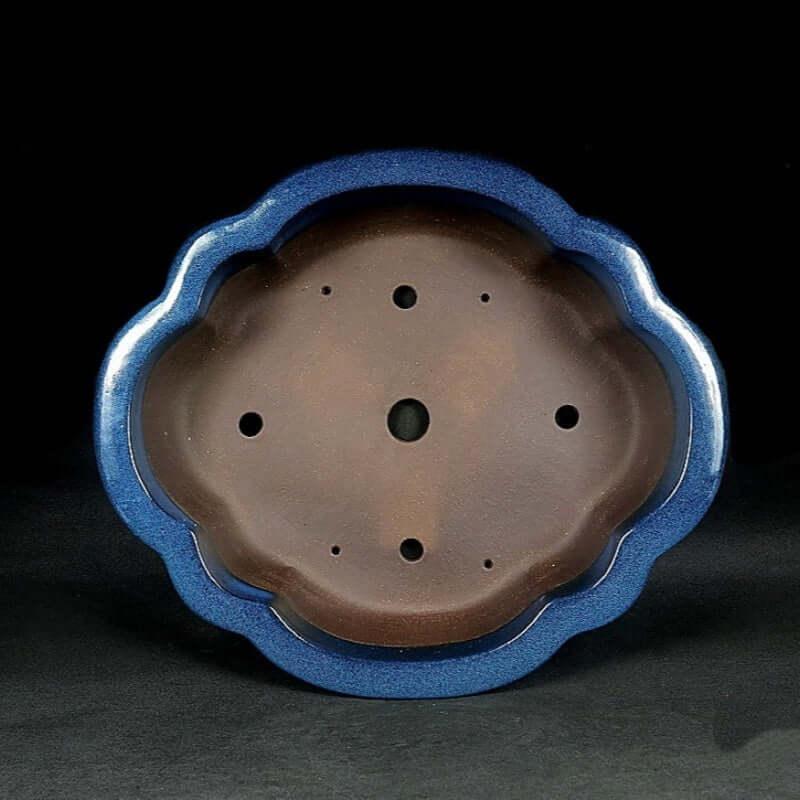 17.3 inch (44cm) Large Lotus-Shaped Blue Glazed Bonsai Pot w Rippled Petal Design Inner View