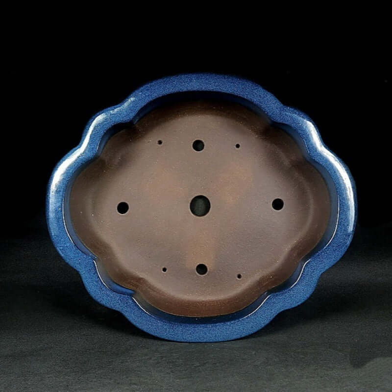 17.3 inch (44cm) Large Lotus-Shaped Blue Glazed Bonsai Pot w Rippled Petal Design Inner View