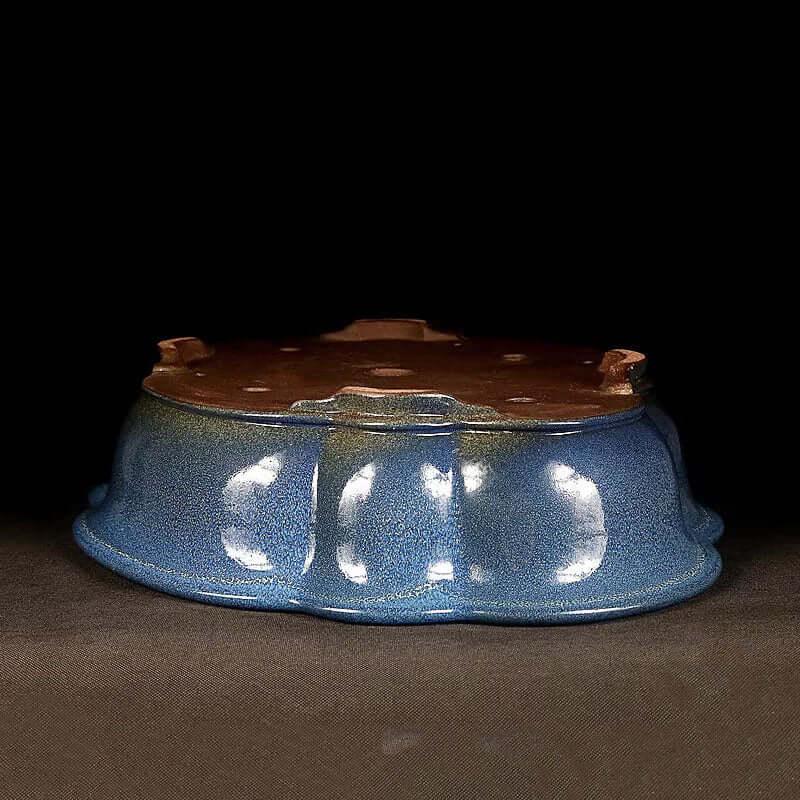 17.3 inch (44cm) Large Lotus-Shaped Blue Glazed Bonsai Pot w Rippled Petal Design Upside Down Corner View