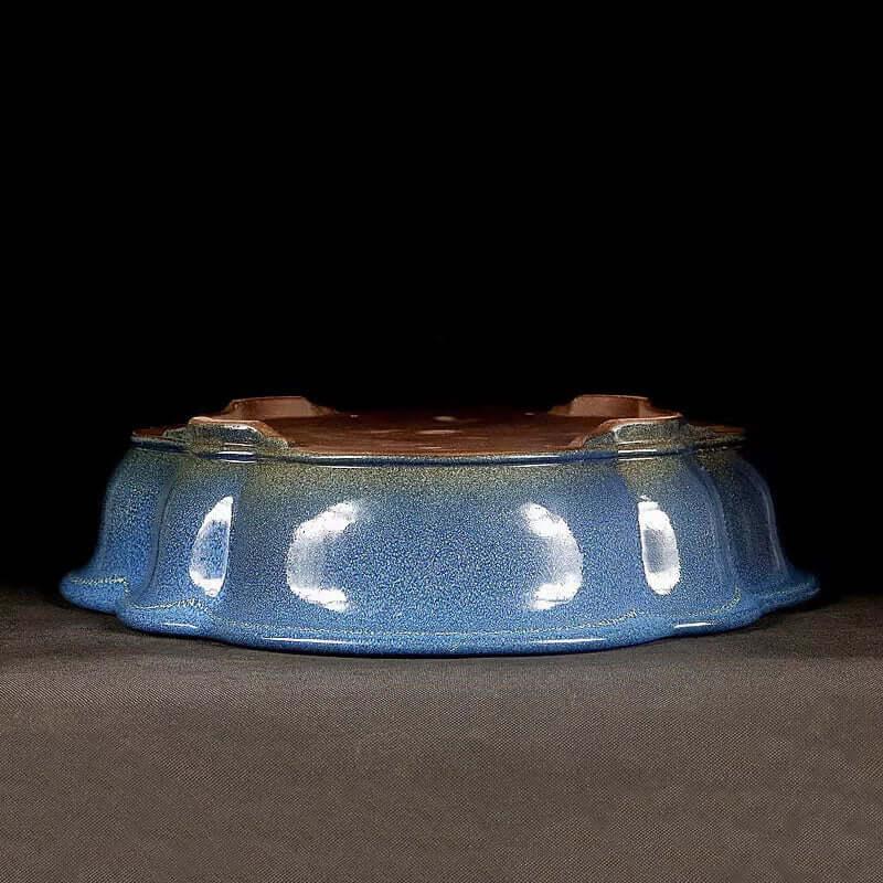 17.3 inch (44cm) Large Lotus-Shaped Blue Glazed Bonsai Pot w Rippled Petal Design Upside Down View