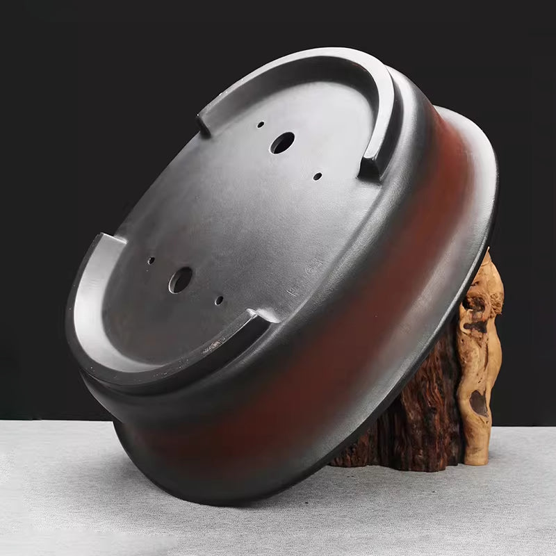 17.3 inch (44cm) Large Oval Black-Brown Dual Tone Unglazed Antique Style Bonsai Pot Bottom View