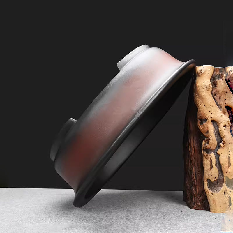 17.3 inch (44cm) Large Oval Black-Brown Dual Tone Unglazed Antique Style Bonsai Pot Side View