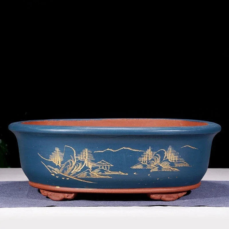 17.3 inch (44cm) Large Oval Bonsai Pot w Cloud Feet & Landscape Engraving Blue Color